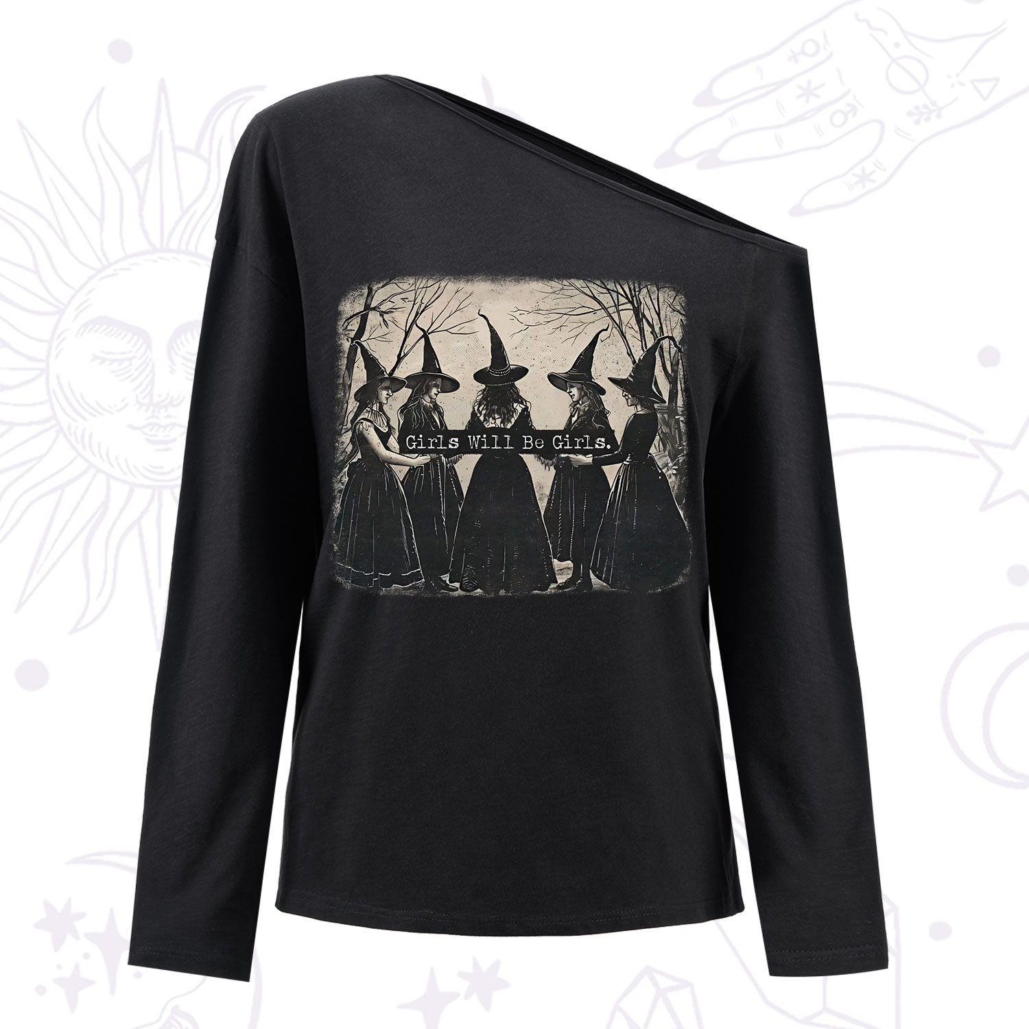 Purplehecate Girls Will Be Girls Witch One Shoulder Long Sleeve Shirt