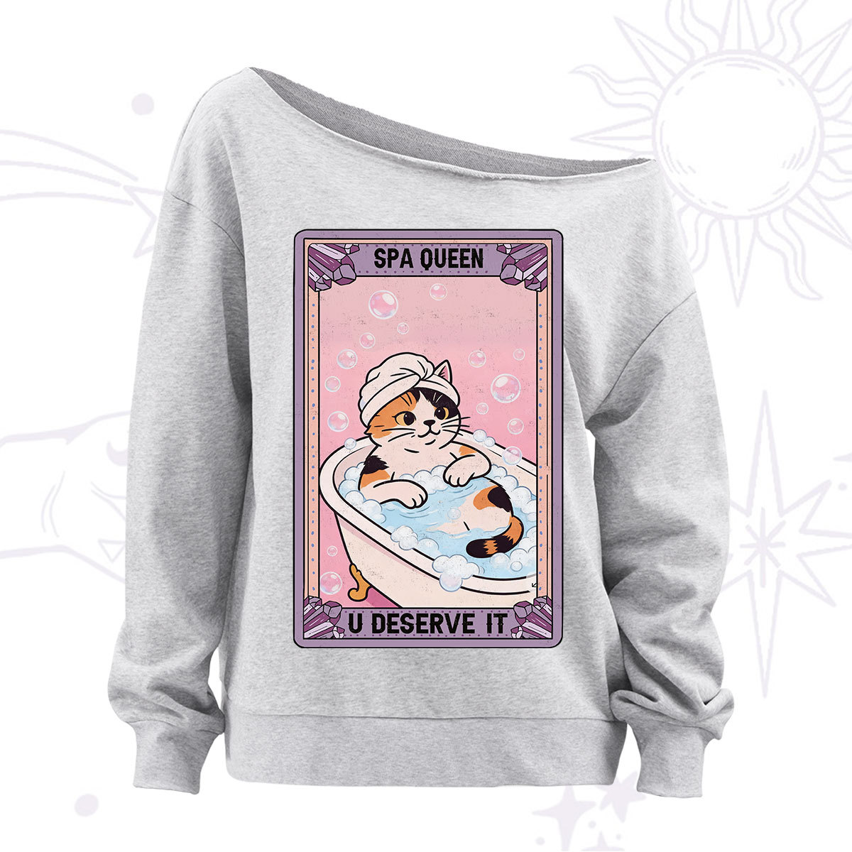 Purplehecate The Spa Queen Cat Tarot Off The Shoulder Sweatshirt