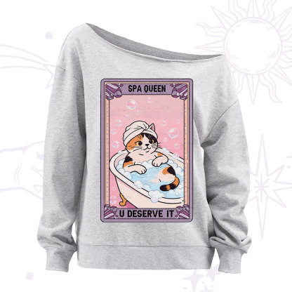 Purplehecate The Spa Queen Cat Tarot Off The Shoulder Sweatshirt