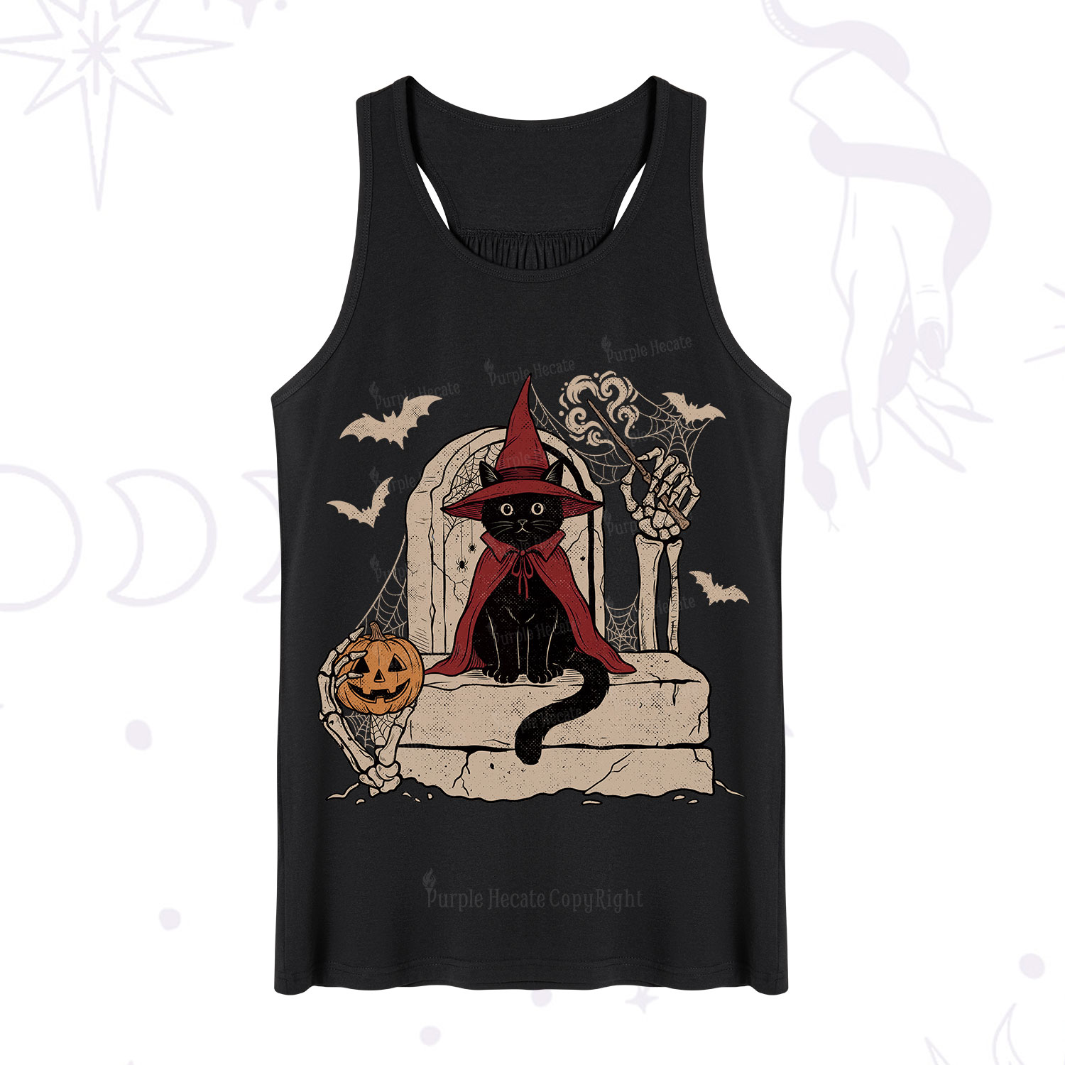 Purplehecate Wizard Black Cat on the Tombstone Halloween Tank