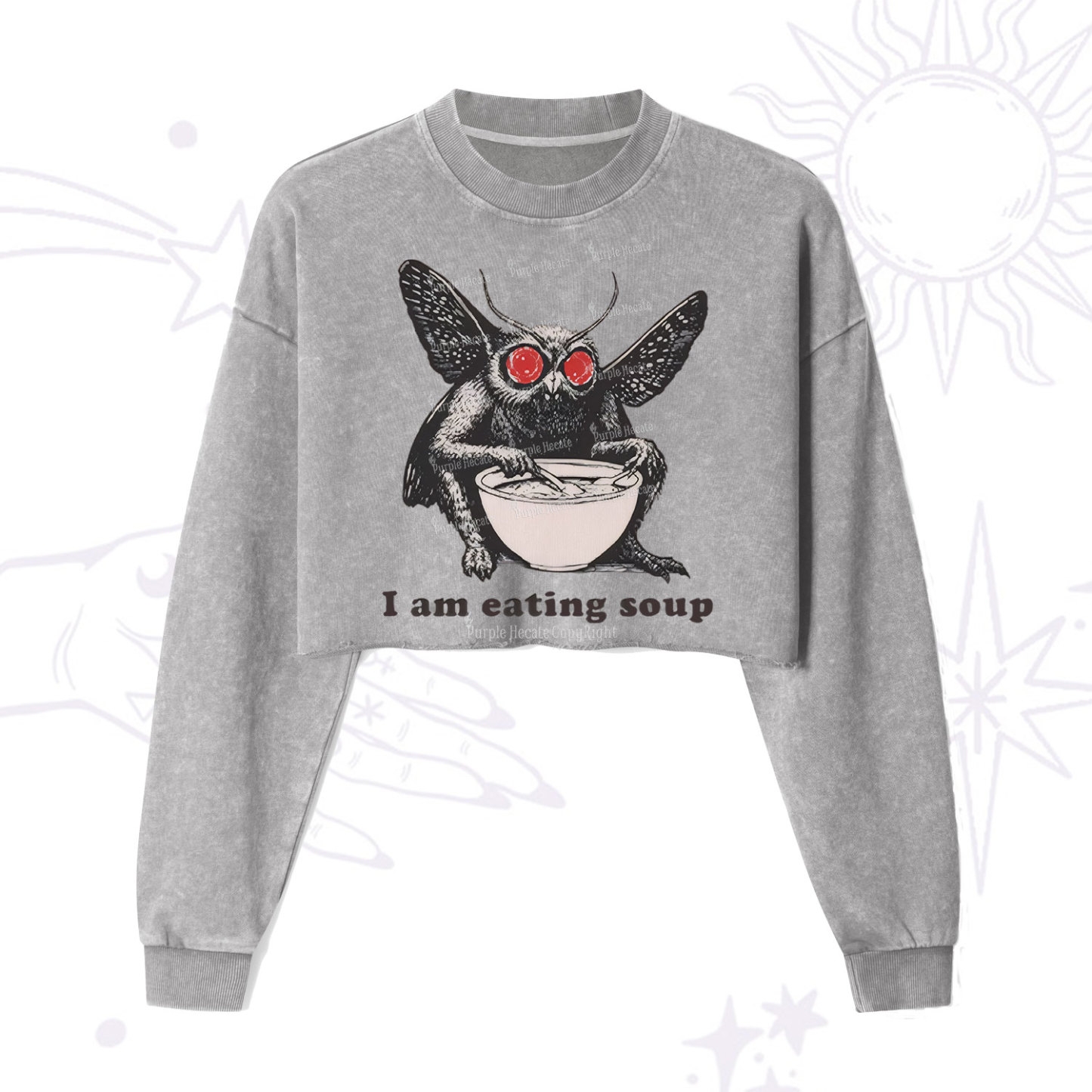 Purplehecate Mothman Eating Soup Cropped Washed Sweatshirt