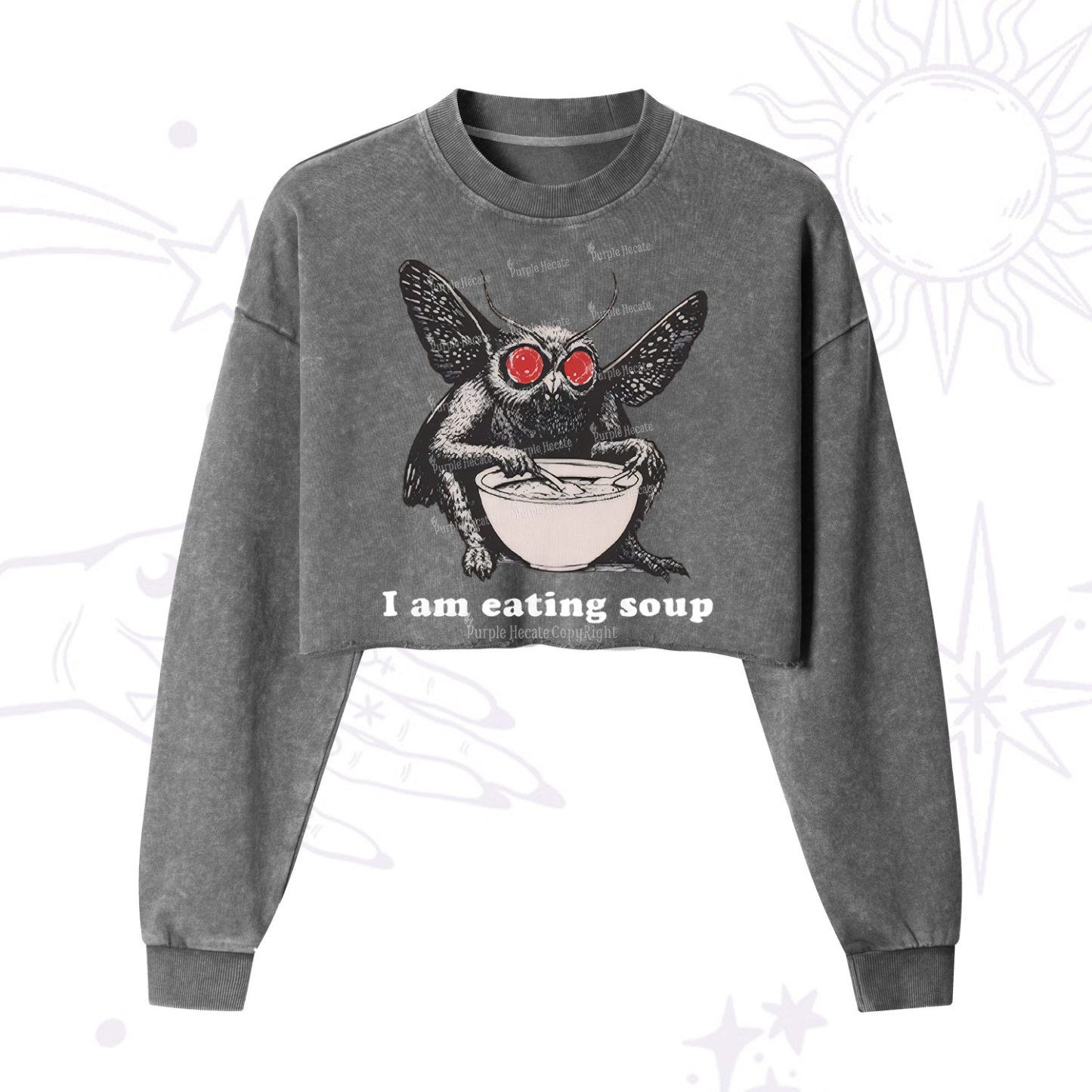 Purplehecate Mothman Eating Soup Cropped Washed Sweatshirt