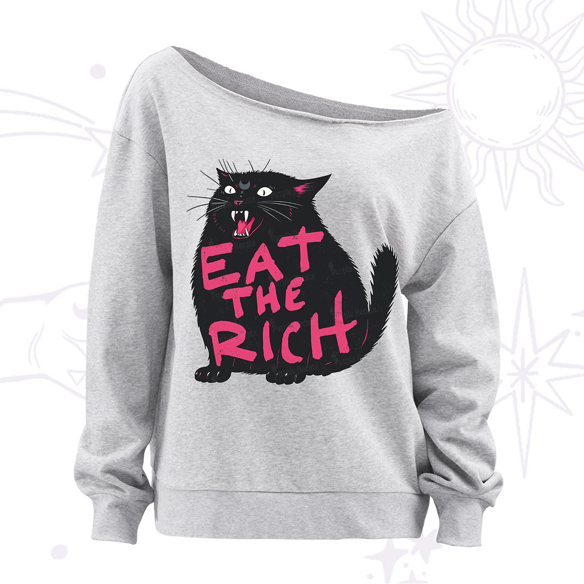 Purplehecate Eat The Rich Cat Off The Shoulder Sweatshirt