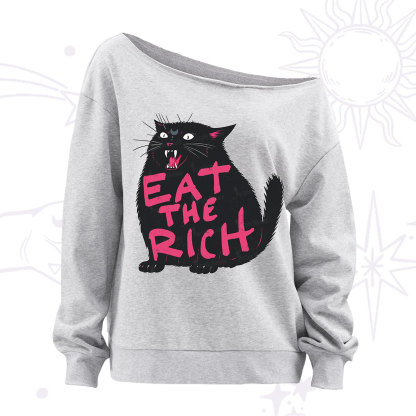 Purplehecate Eat The Rich Cat Off The Shoulder Sweatshirt