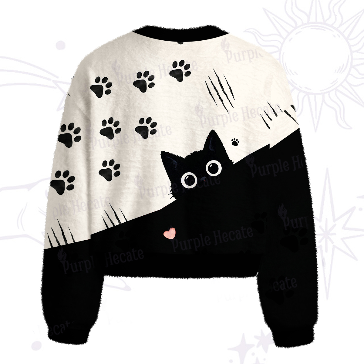 Purplehecate Peekaboo Black Cat Paw Fuzzy Crewneck Sweater