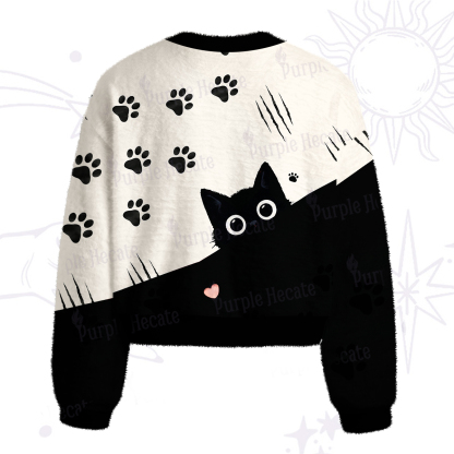 Purplehecate Peekaboo Black Cat Paw Fuzzy Crewneck Sweater