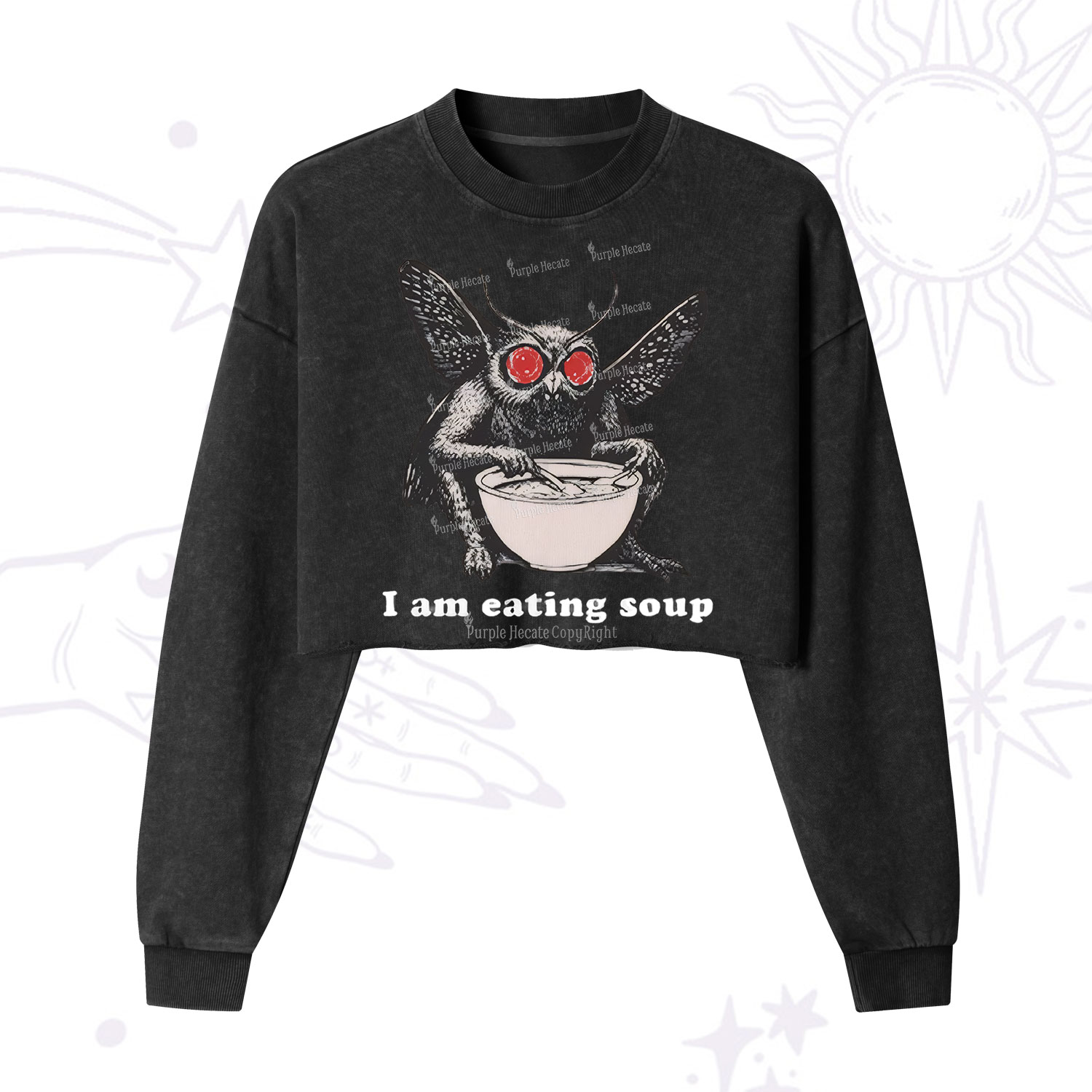 Purplehecate Mothman Eating Soup Cropped Washed Sweatshirt