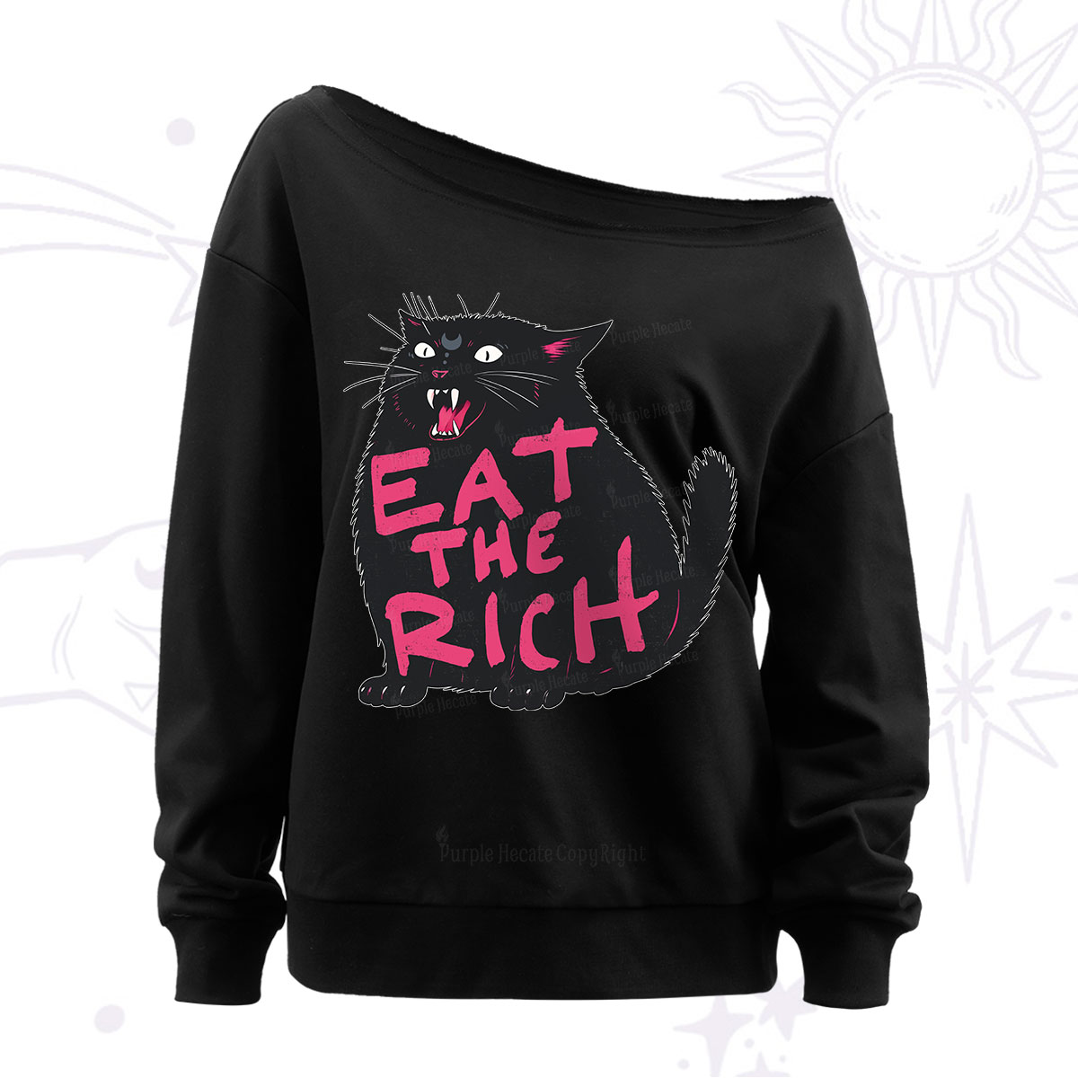 Purplehecate Eat The Rich Cat Off The Shoulder Sweatshirt