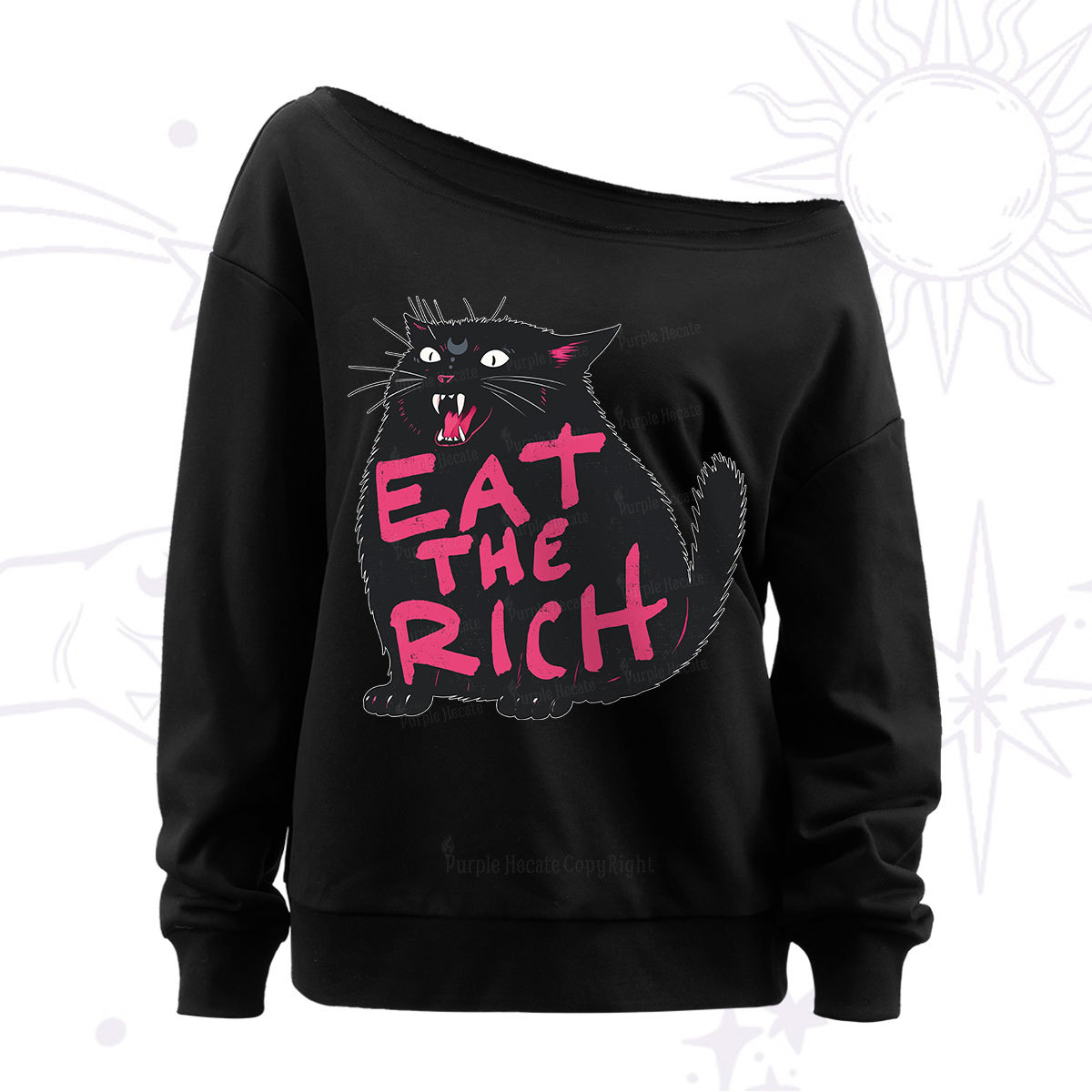 Purplehecate Eat The Rich Cat Off The Shoulder Sweatshirt
