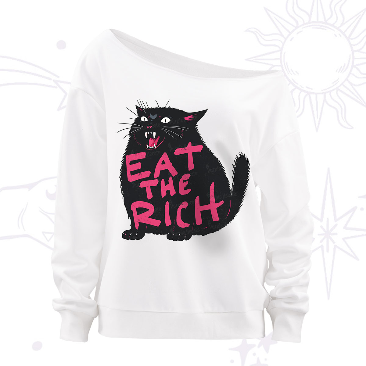 Purplehecate Eat The Rich Cat Off The Shoulder Sweatshirt