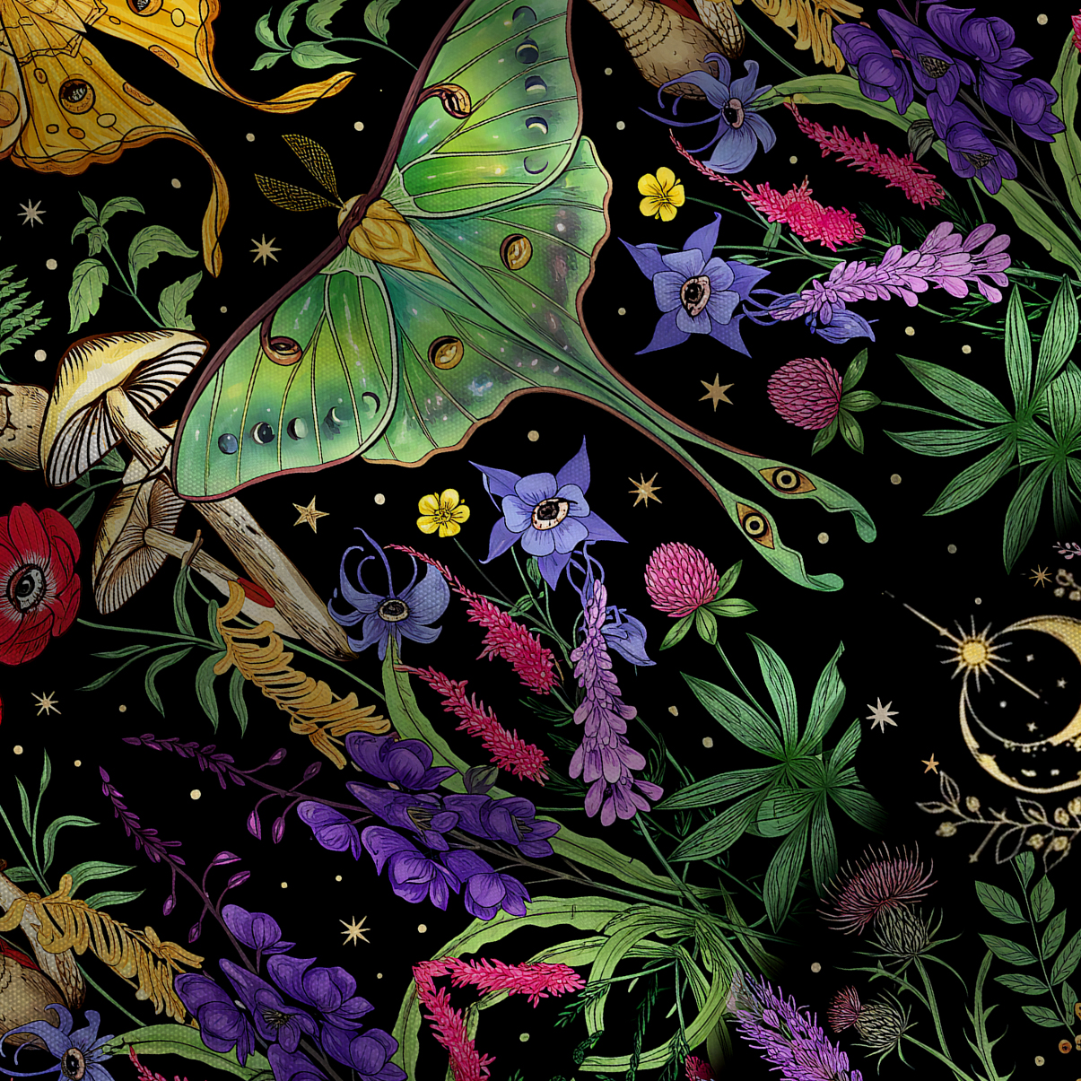 Purplehecate Mystic Lunar Moth Herbal Forest Tie Shoulder Maxi Dress