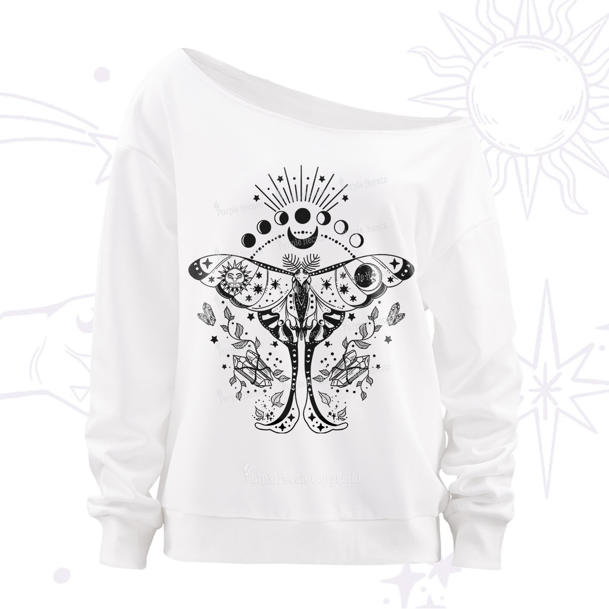 Purplehecate Moonlit Celestial Moth Off The Shoulder Sweatshirt