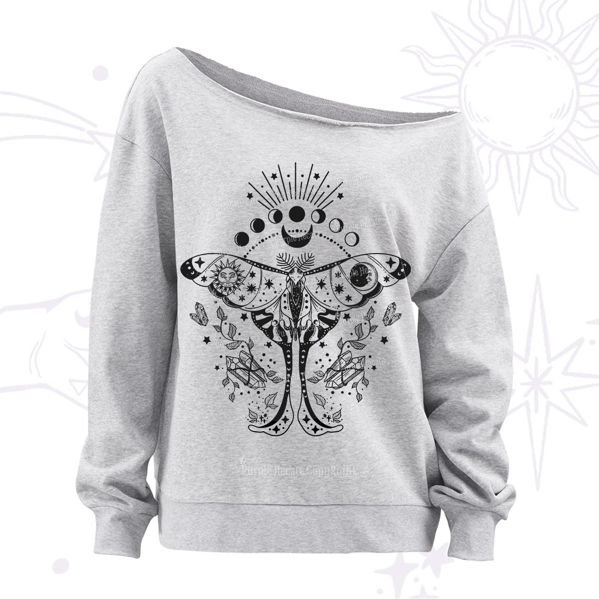Purplehecate Moonlit Celestial Moth Off The Shoulder Sweatshirt