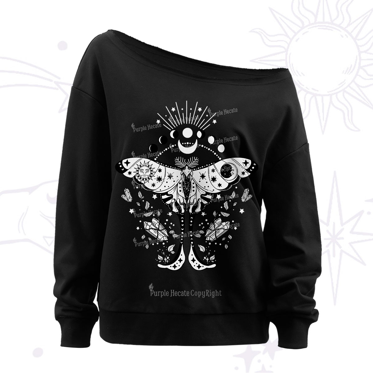 Purplehecate Moonlit Celestial Moth Off The Shoulder Sweatshirt