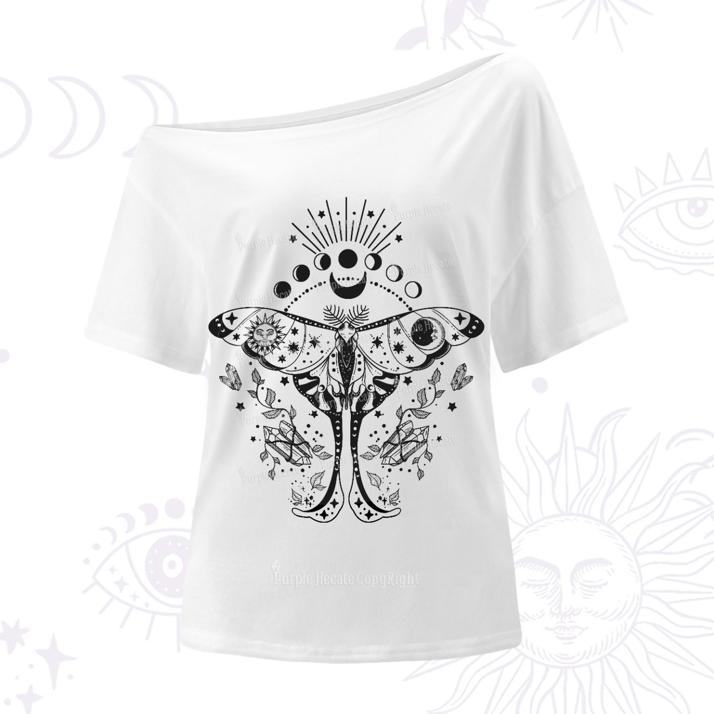 Purplehecate Moonlit Celestial Moth One-Shoulder T-Shirt