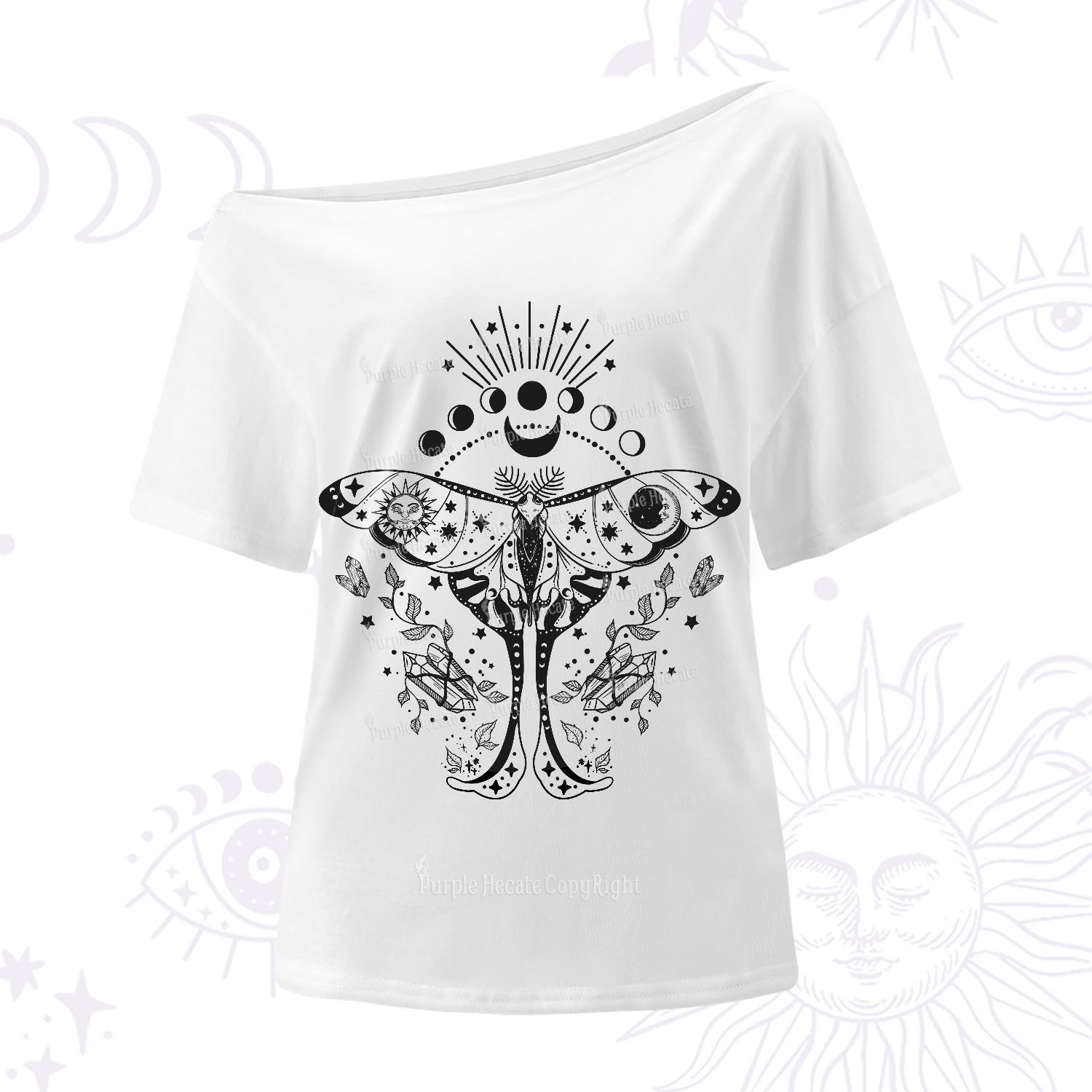 Purplehecate Moonlit Celestial Moth One-Shoulder T-Shirt