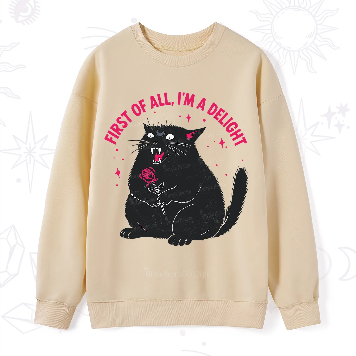 Purplehecate First Of All I'm A Delight Cat Sweatshirt