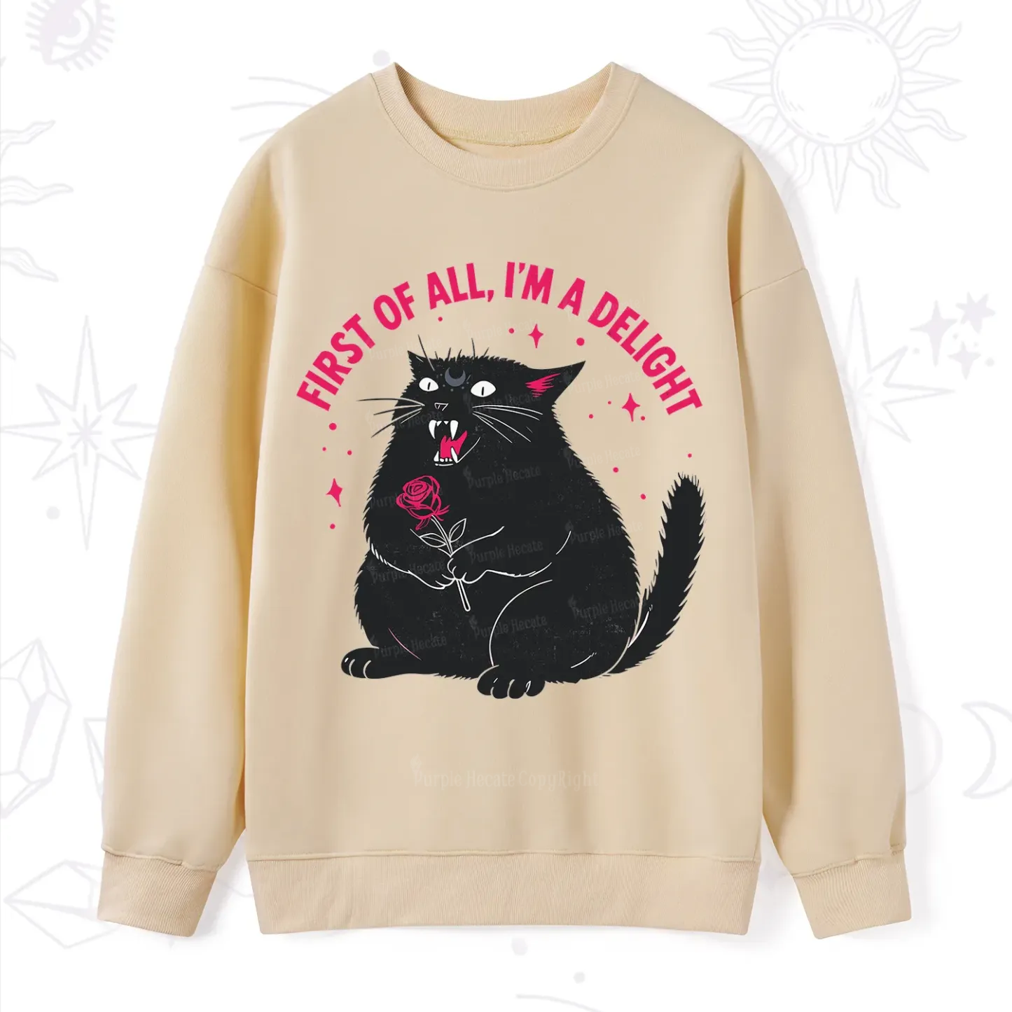 Purplehecate First Of All I'm A Delight Cat Sweatshirt