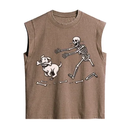 Purplehecate Halloween Skeleton Chasing Dog Vintage Washed Tank