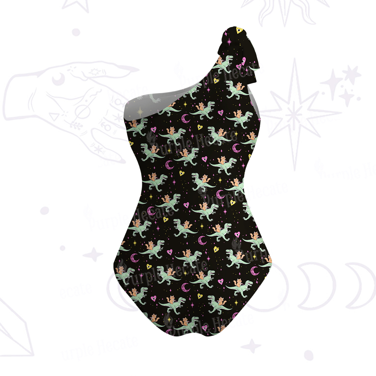 Purplehecate Witch Cat Rides the Dino One-Shoulder One-Piece Swimsuit
