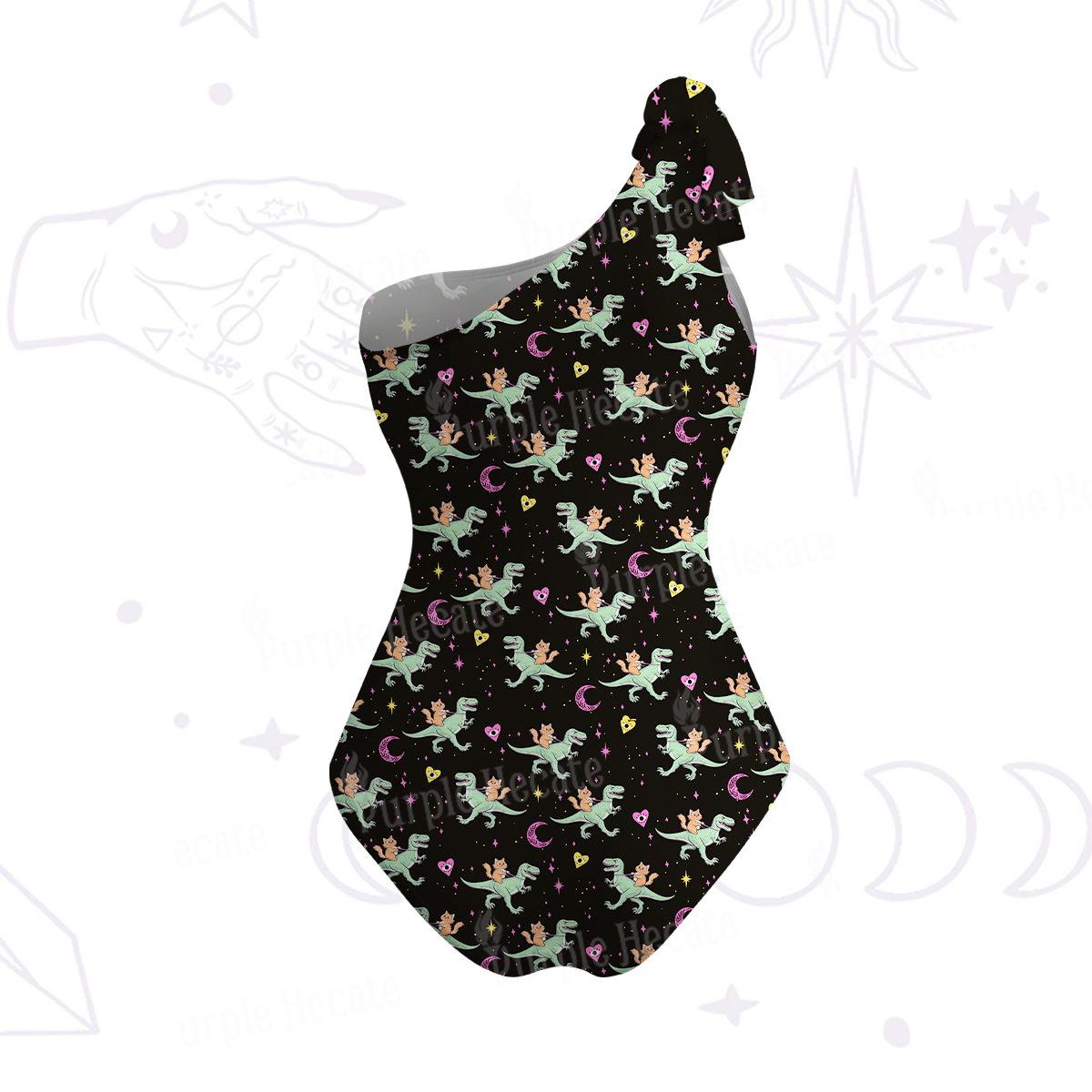 Purplehecate Witch Cat Rides the Dino One-Shoulder One-Piece Swimsuit