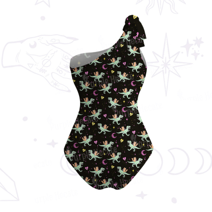 Purplehecate Witch Cat Rides the Dino One-Shoulder One-Piece Swimsuit