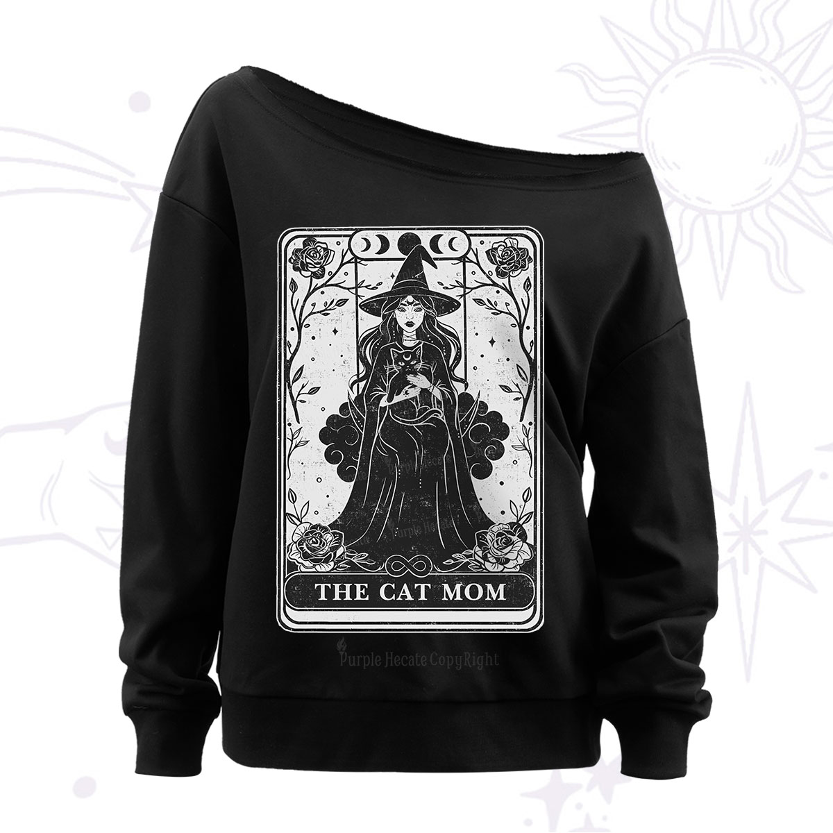 Purplehecate The Witch Cat Mom Tarot Off The Shoulder Sweatshirt