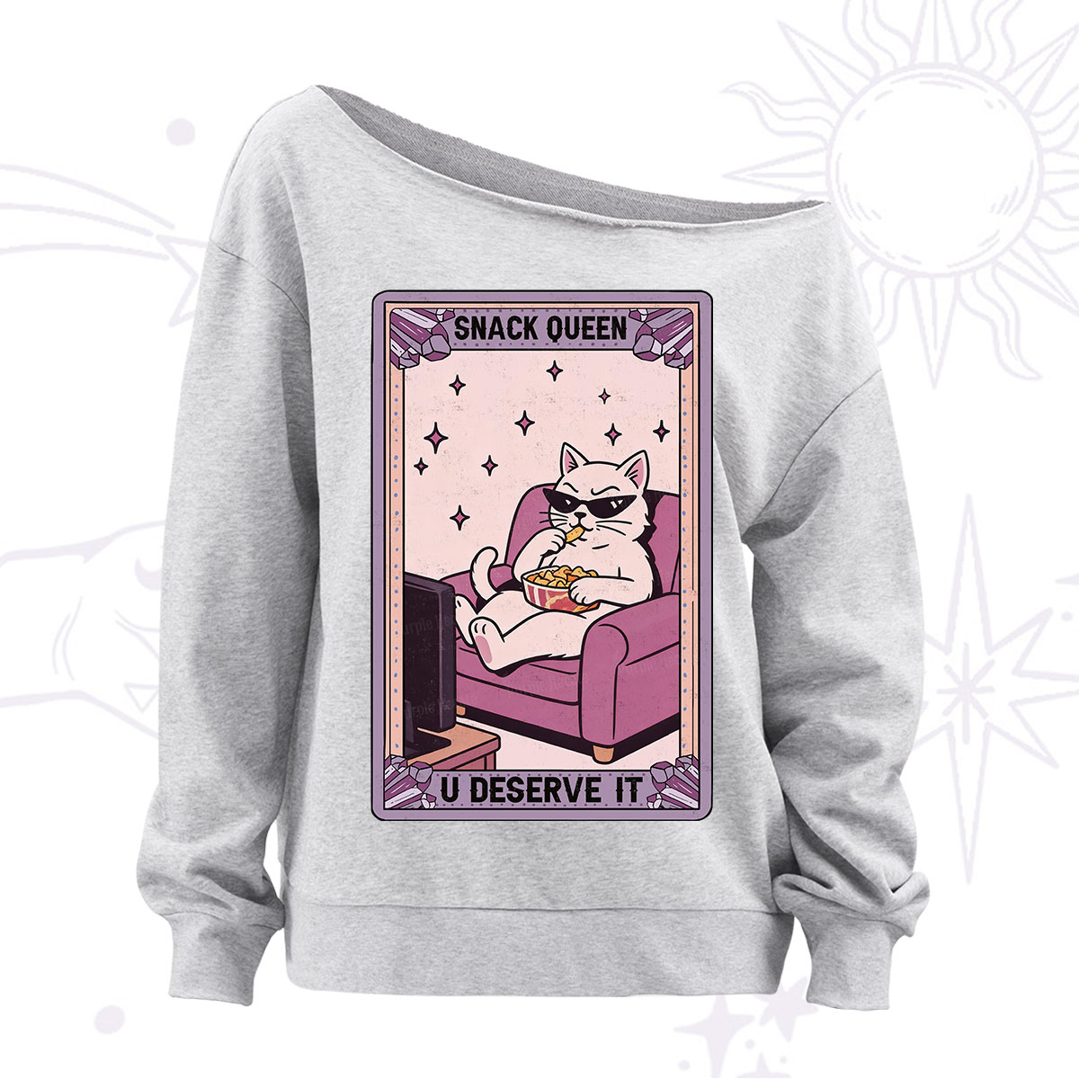 Purplehecate The Snack Queen Cat Tarot Off The Shoulder Sweatshirt