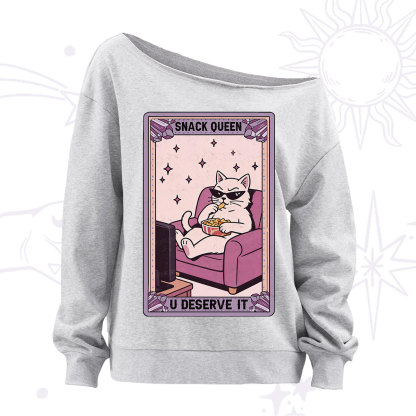 Purplehecate The Snack Queen Cat Tarot Off The Shoulder Sweatshirt
