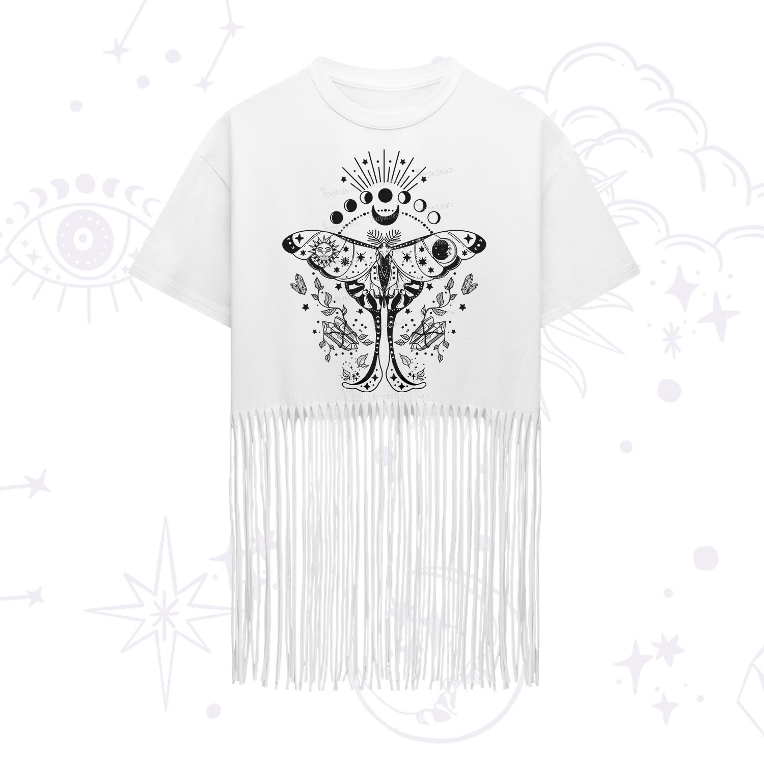 Purplehecate Moonlit Celestial Moth Fringe Hem T-Shirt