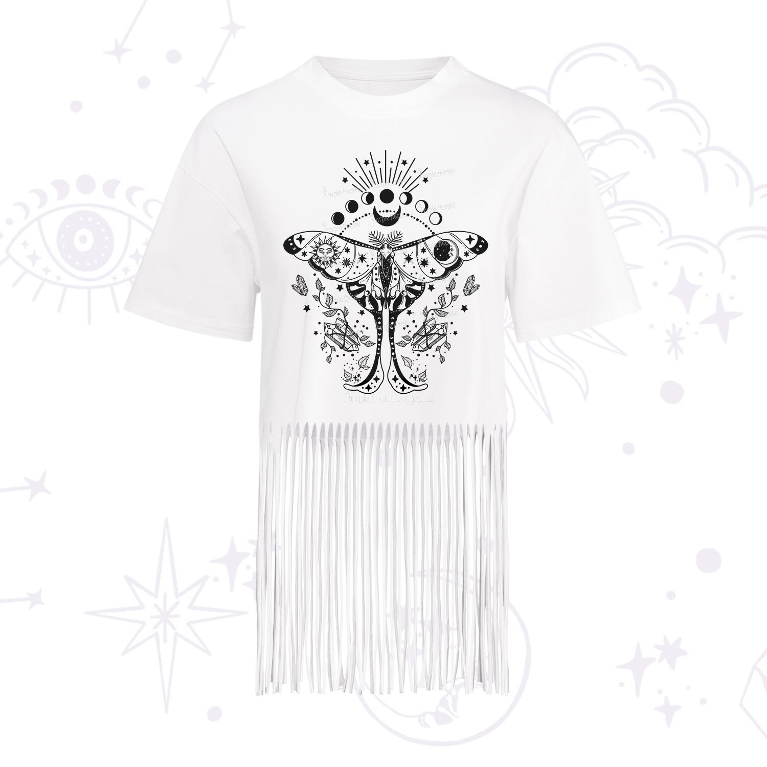 Purplehecate Moonlit Celestial Moth Fringe Hem T-Shirt