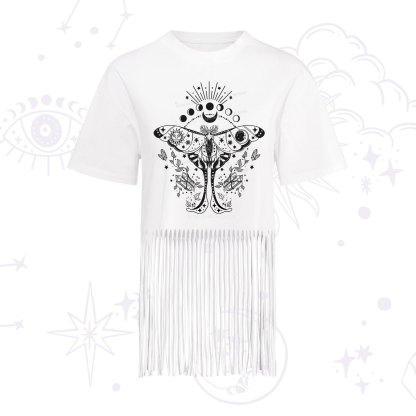 Purplehecate Moonlit Celestial Moth Fringe Hem T-Shirt