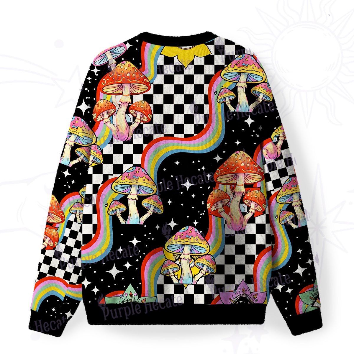 Purplehecate Trippy Rainbow Mushrooms Fuzzy Ugly Christmas Sweatshirt