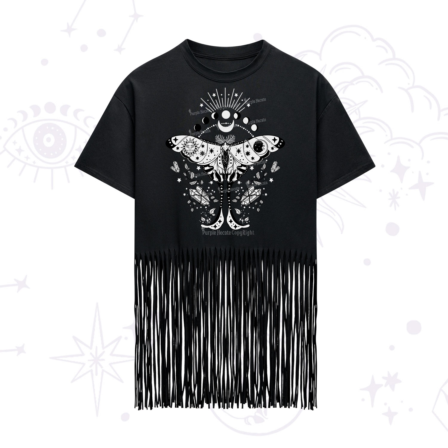 Purplehecate Moonlit Celestial Moth Fringe Hem T-Shirt