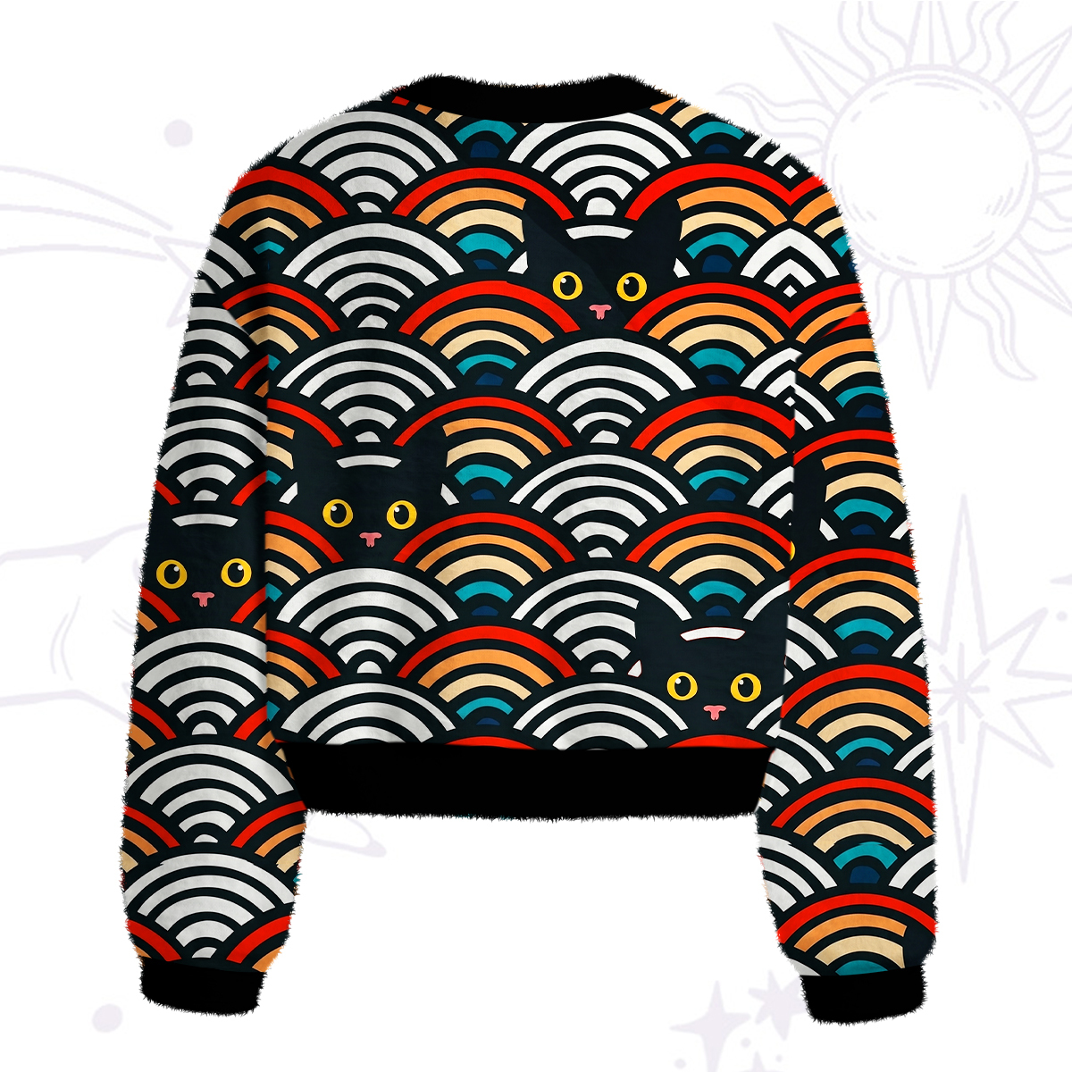 Purplehecate Rainbow Black Cat Waves Fuzzy Crewneck Sweater