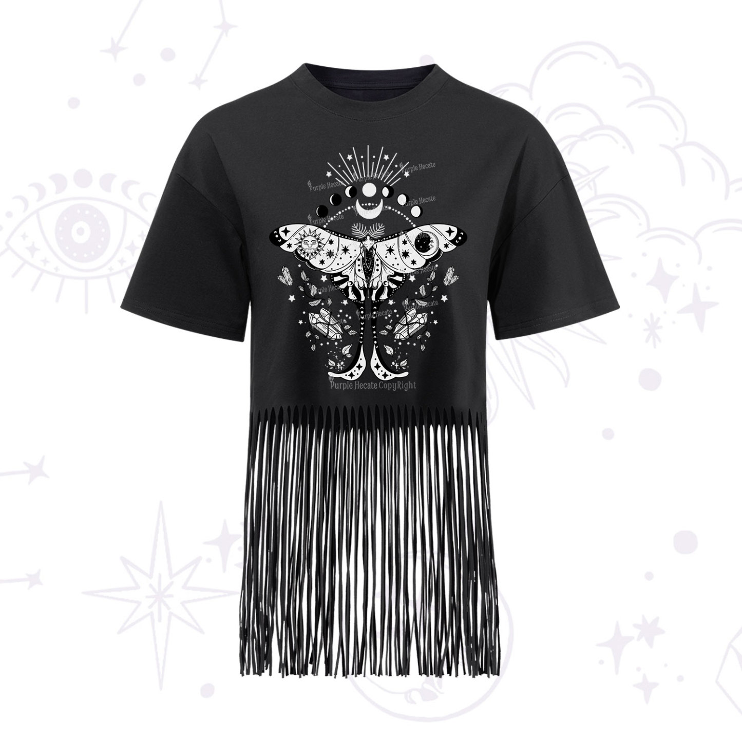 Purplehecate Moonlit Celestial Moth Fringe Hem T-Shirt
