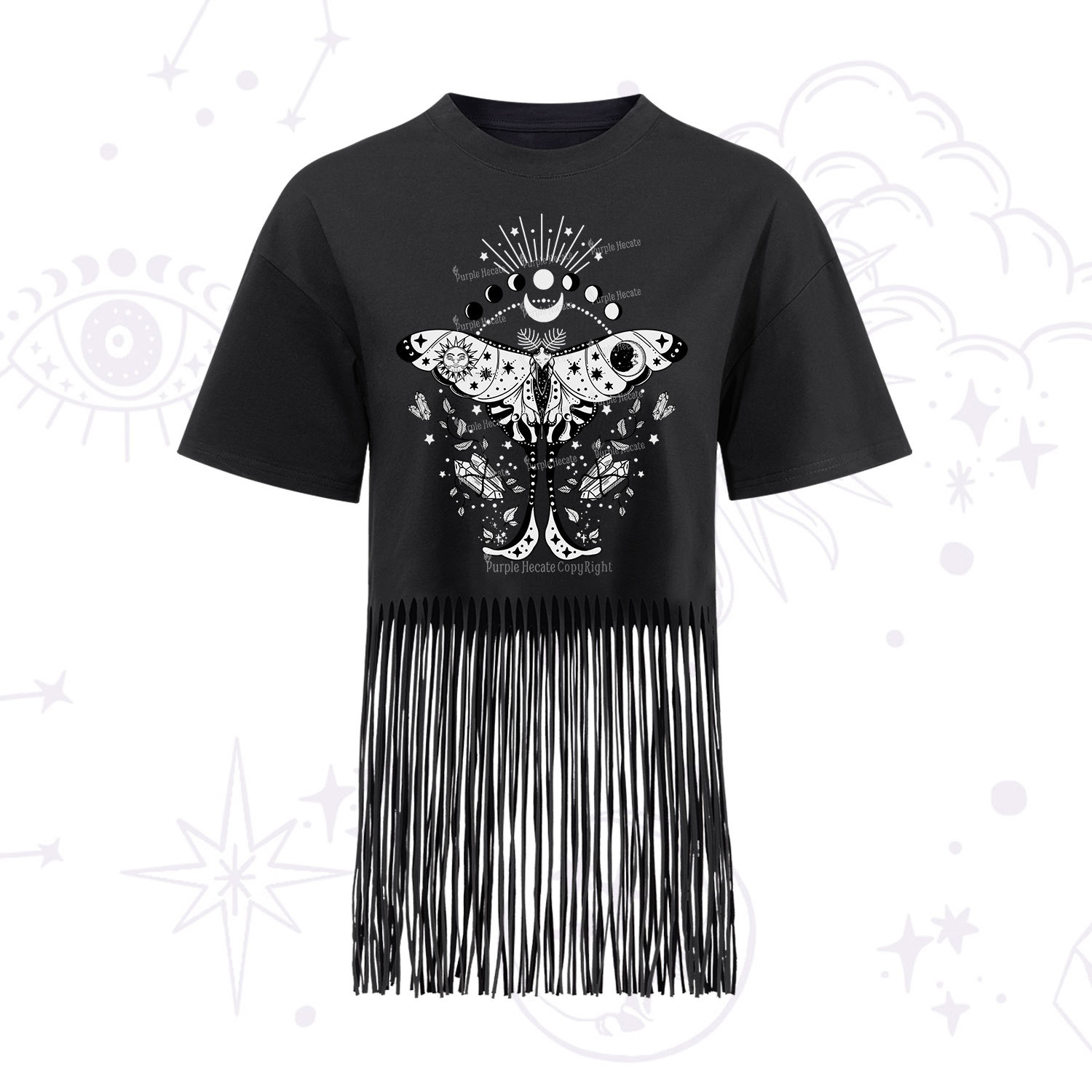 Purplehecate Moonlit Celestial Moth Fringe Hem T-Shirt