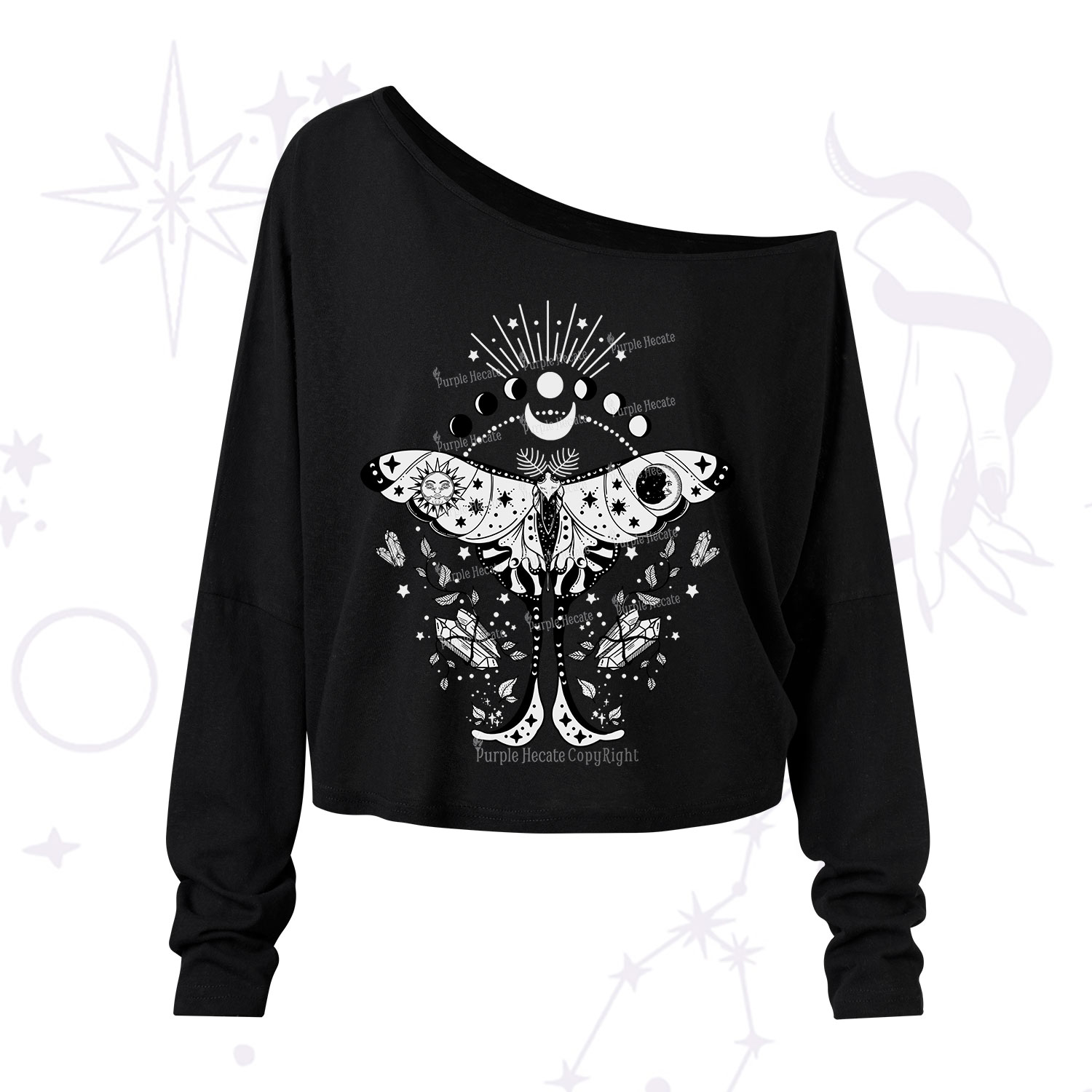 Purplehecate Moonlit Celestial Moth One Shoulder Long Sleeve Shirt