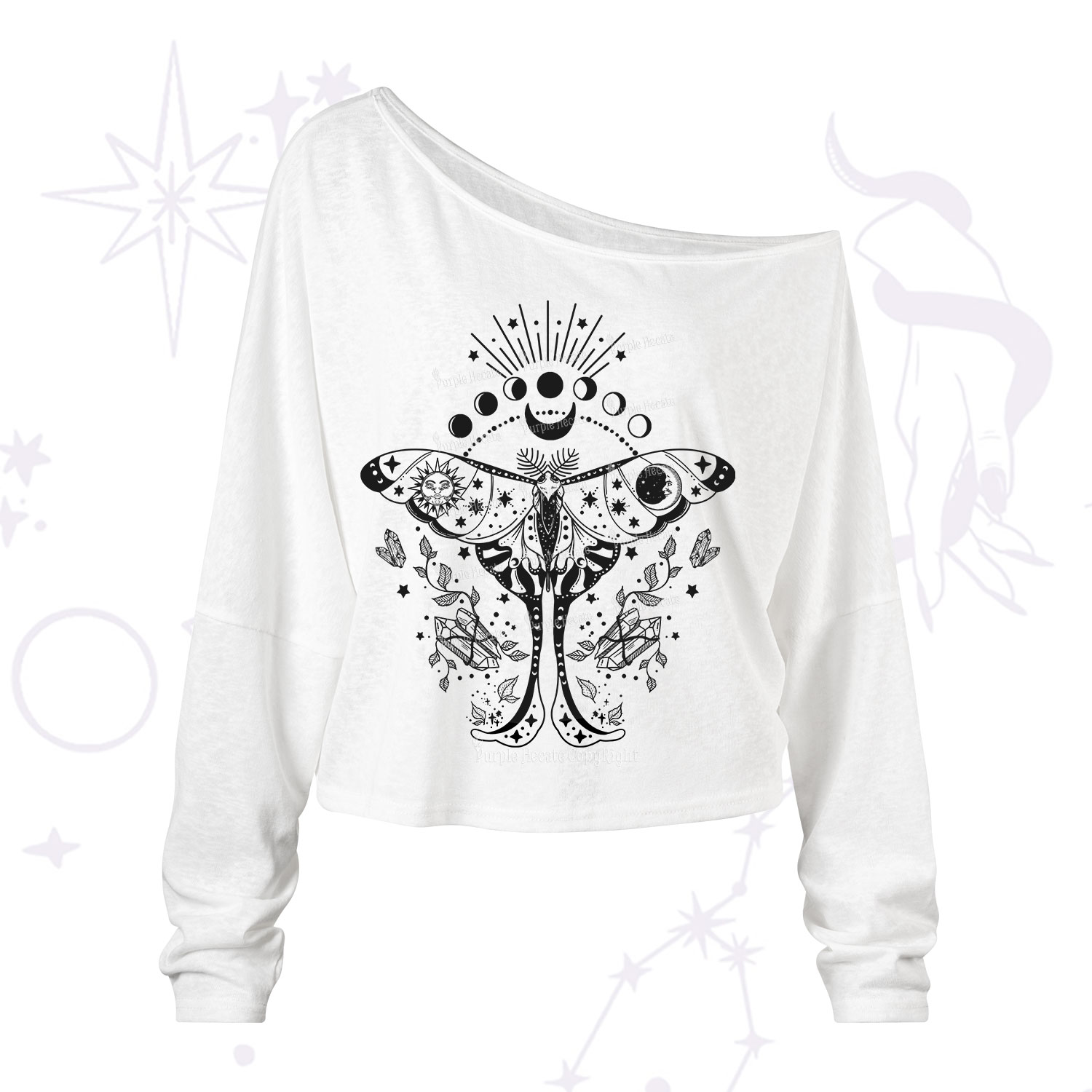Purplehecate Moonlit Celestial Moth One Shoulder Long Sleeve Shirt
