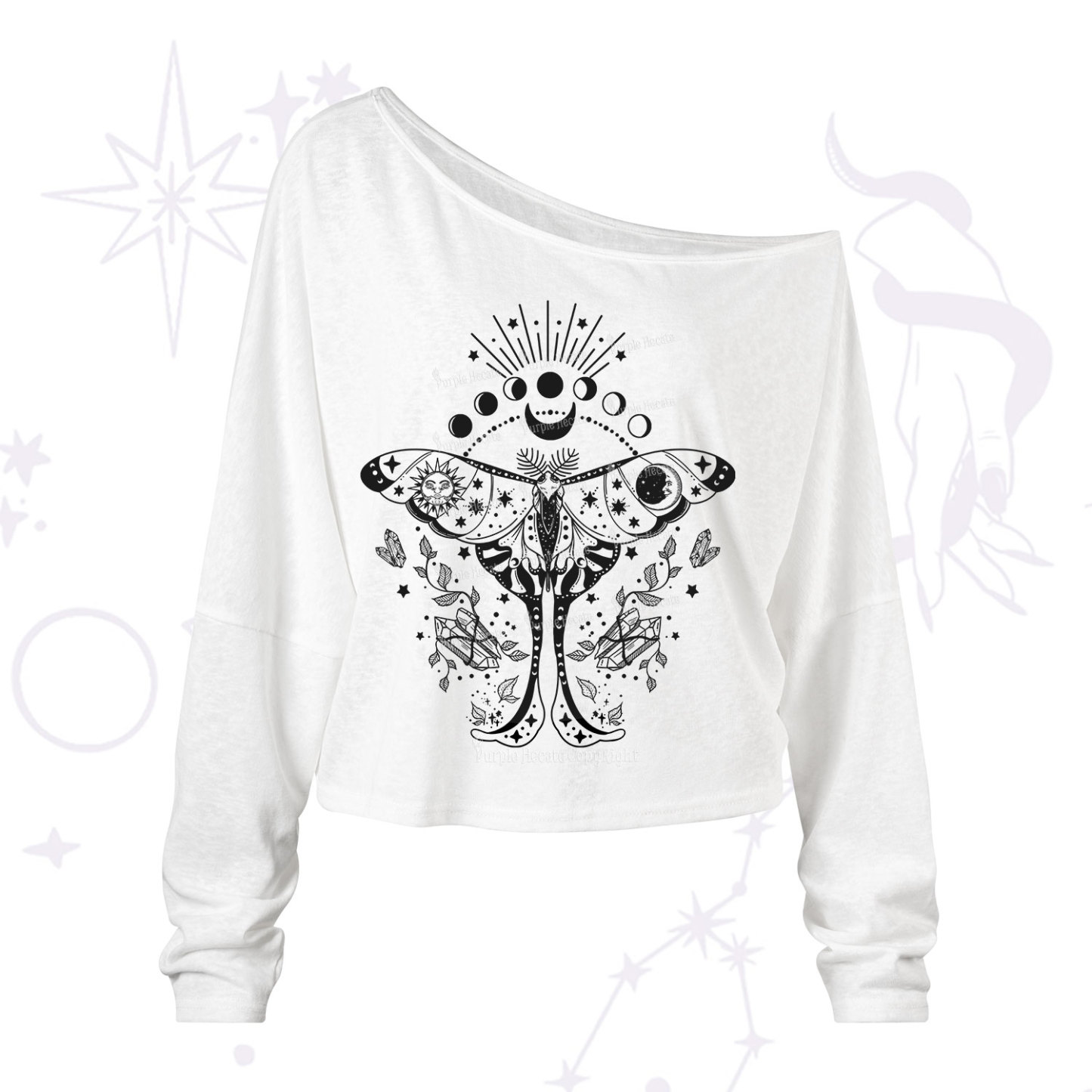 Purplehecate Moonlit Celestial Moth One Shoulder Long Sleeve Shirt
