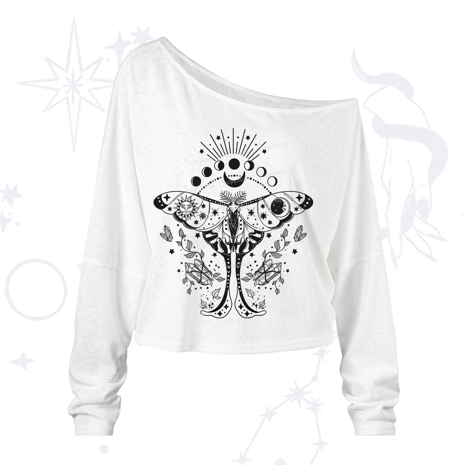 Purplehecate Moonlit Celestial Moth One Shoulder Long Sleeve Shirt