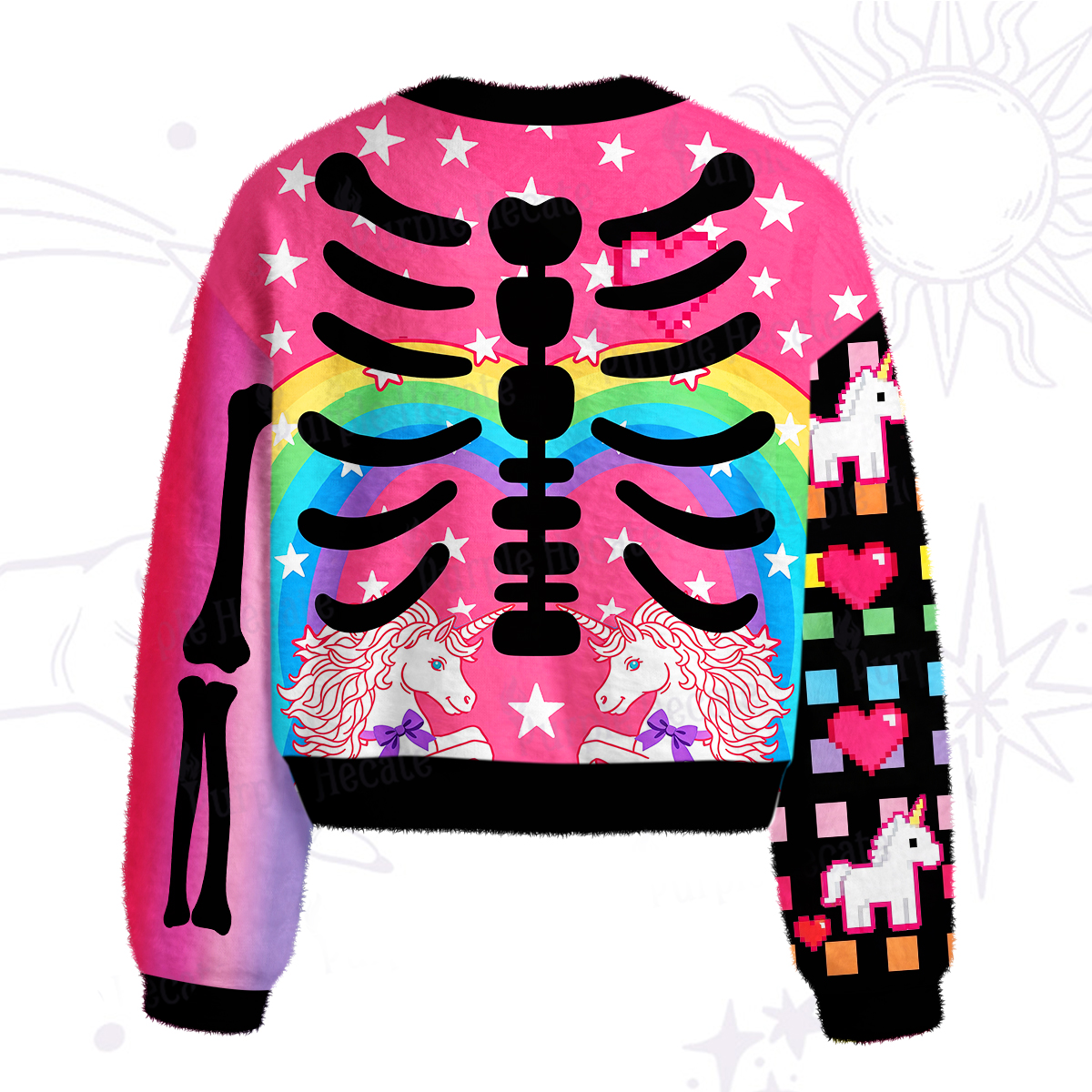 Purplehecate Rainbow Unicorn Skeleton Fuzzy Crewneck Sweater