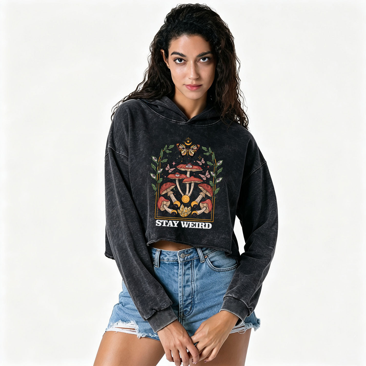 Purplehecate Stay Weird Washed Cropped Hoodie
