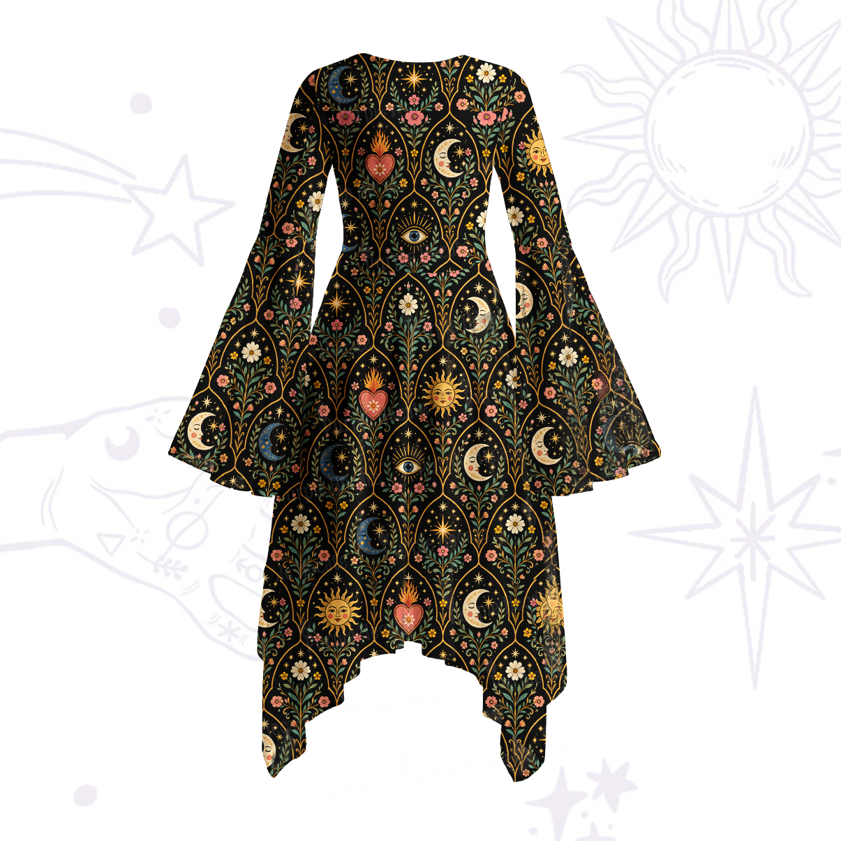 Purplehecate Mystic Sun Moon Hearts Bell Sleeve Dress