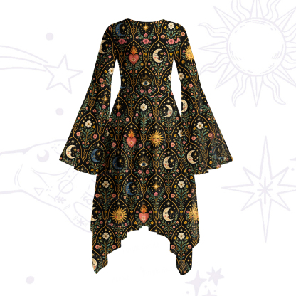 Purplehecate Mystic Sun Moon Hearts Bell Sleeve Dress