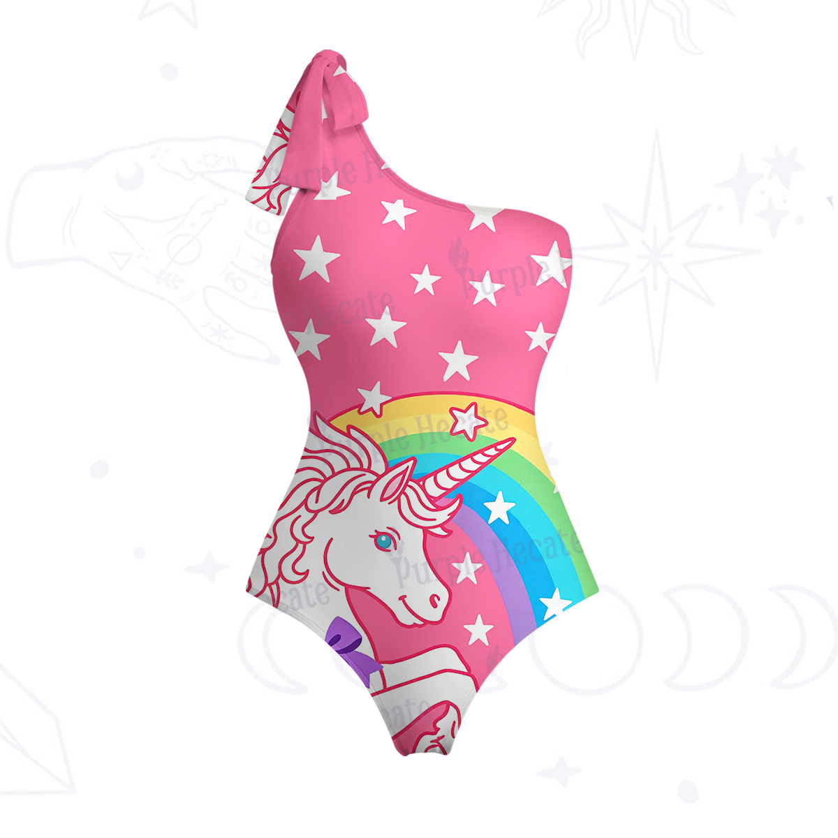 Purplehecate Dreamy Rainbow Unicorn One-Shoulder One-Piece Swimsuit