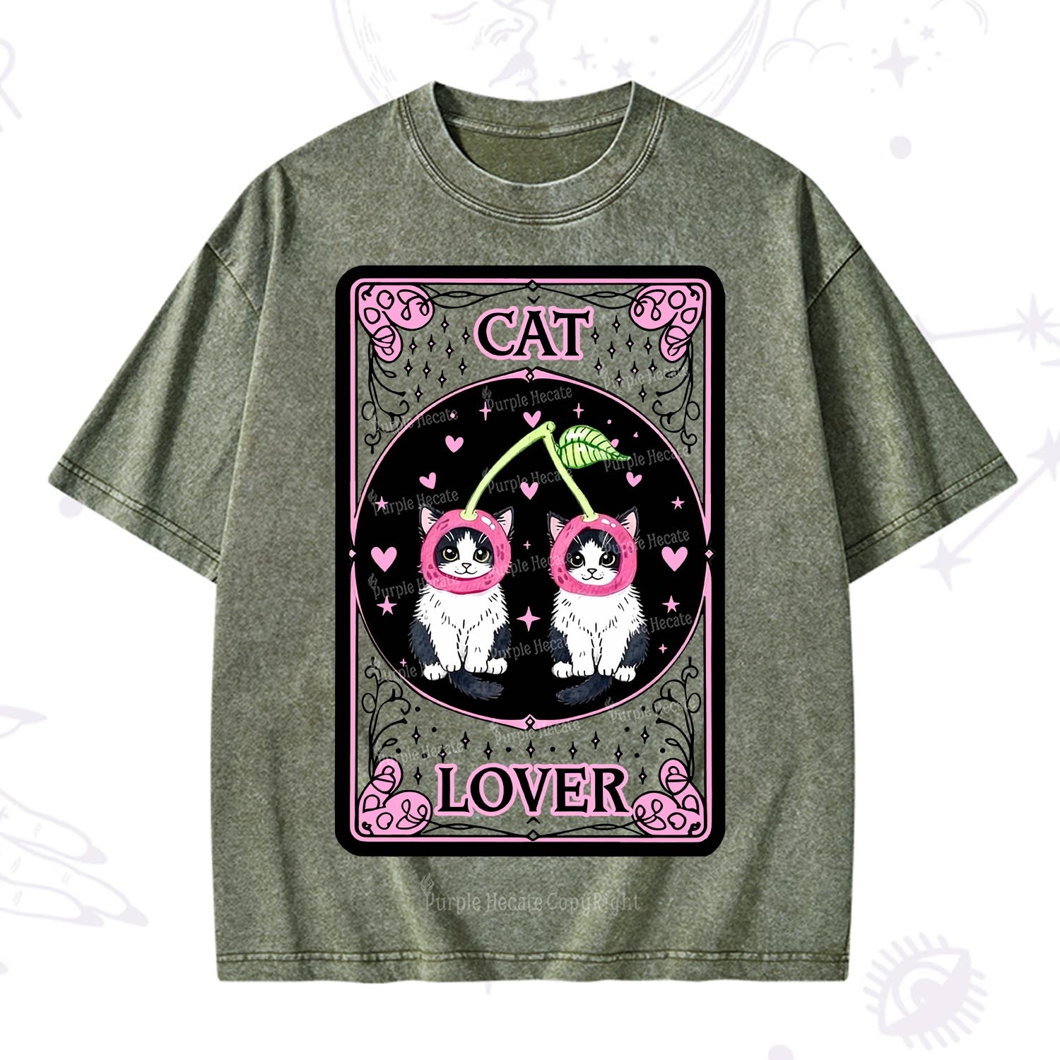 Purplehecate The Lovers Cherry Cat Tarot Washed T-Shirt
