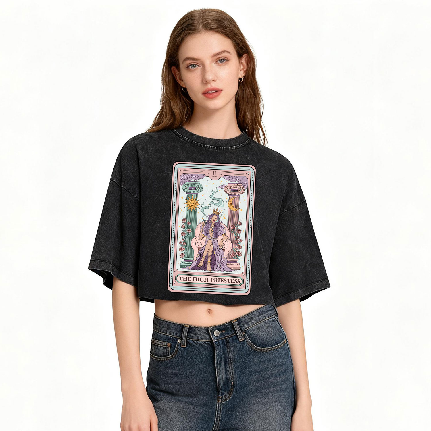 Purplehecate The High Priestess Tarot Card Washed Cropped T-Shirt