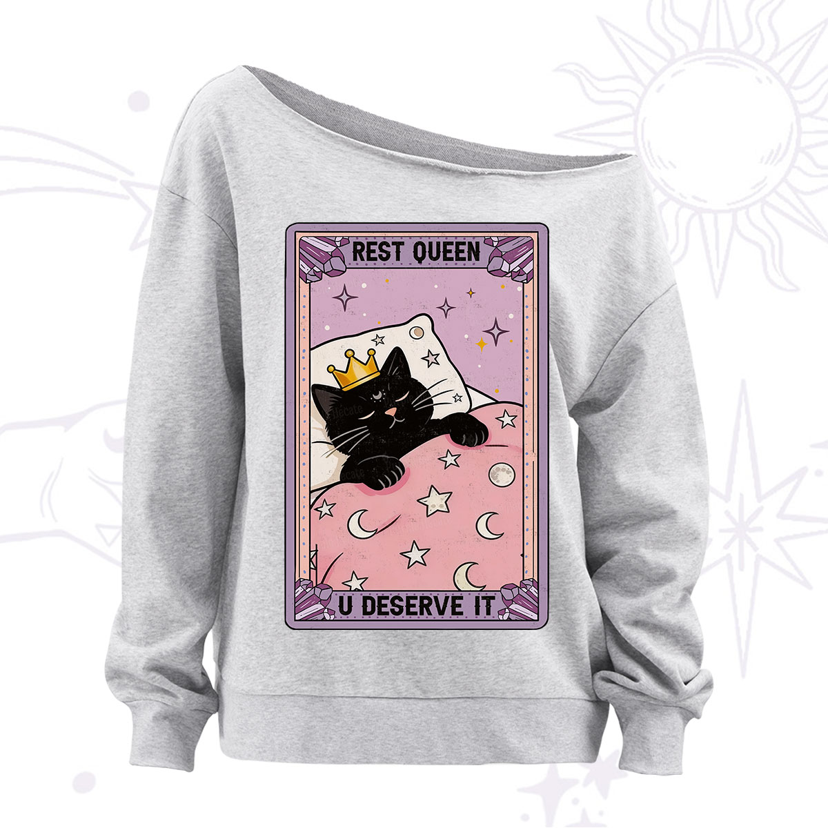 Purplehecate The Rest Queen Cat Tarot Off The Shoulder Sweatshirt
