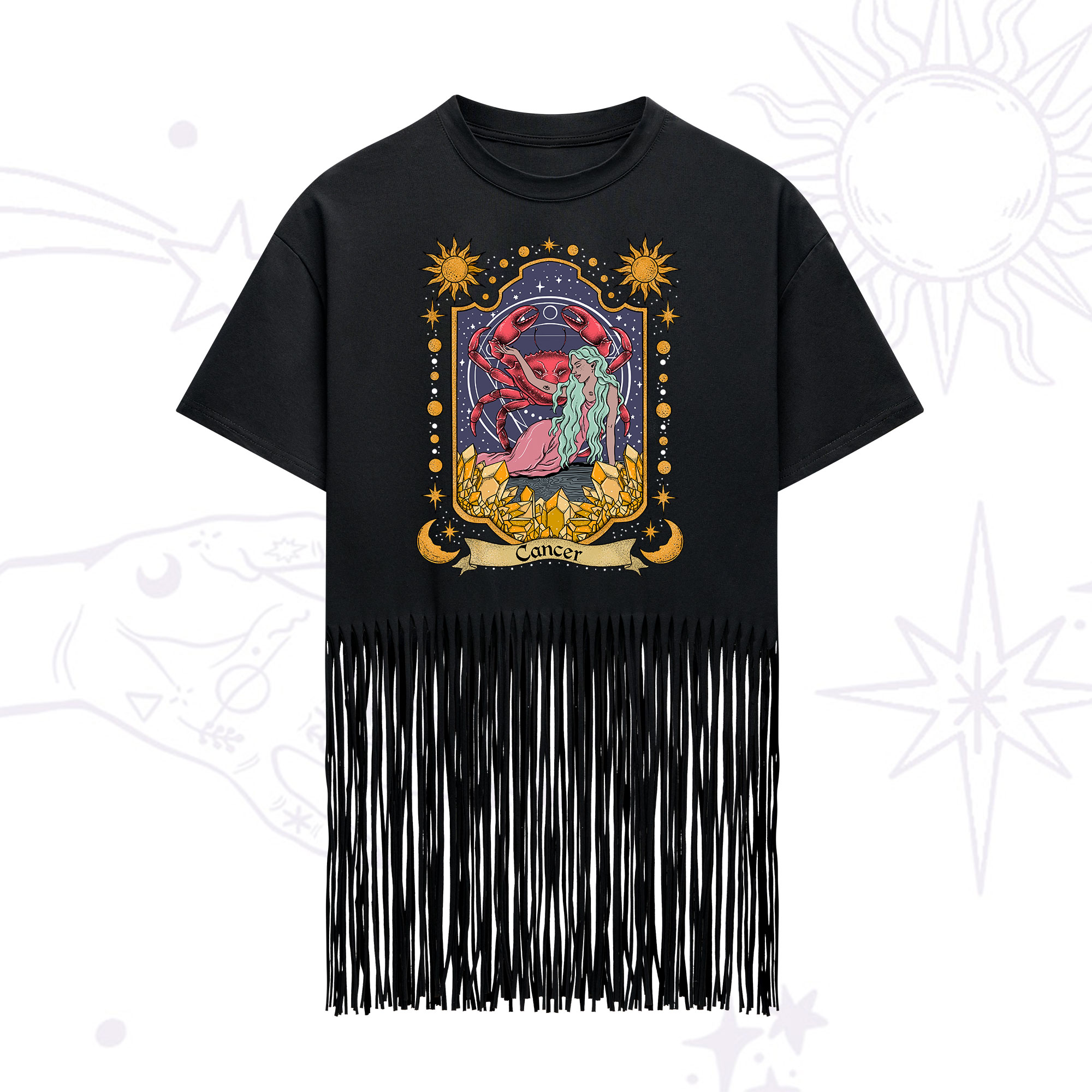 Purplehecate Cancer Zodiac Fringe Hem T-Shirt